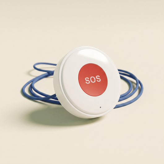EverSteady SOS Alert Pendant with red SOS button and blue lanyard
