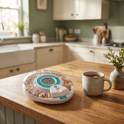 Pill dispenser on a warm kitchen counter with tea