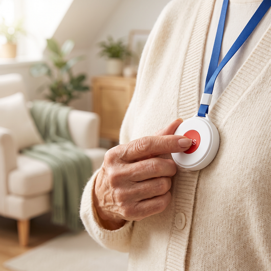 Elderly woman pressing the SOS button on her EverSteady pendant