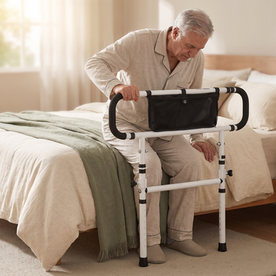 Elderly man using the bed rail for support while standing up