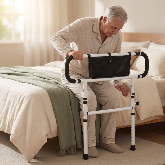 Elderly man using the bed rail for support while standing up