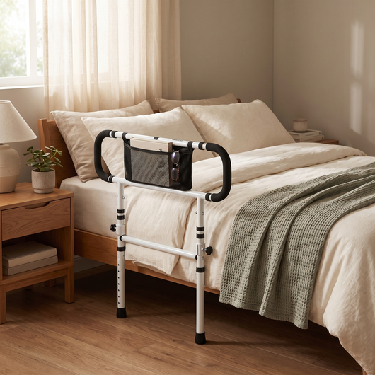 Bedroom scene with bed rail and storage pouch holding a book and glasses